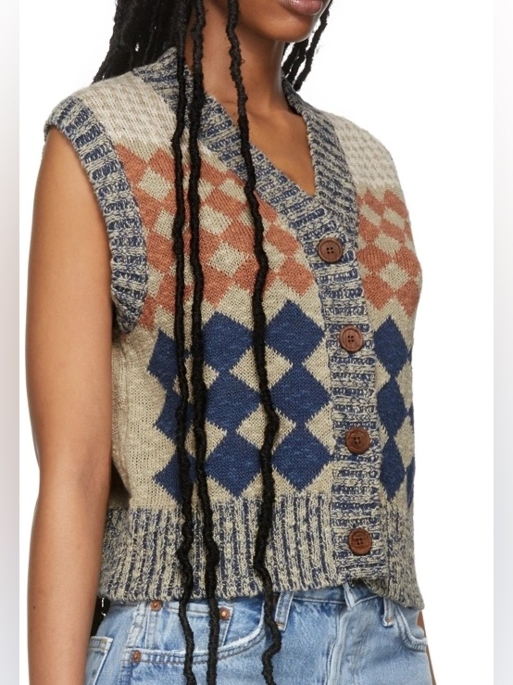 RE/DONE 50s Argyle Cardigan Vest Linen Cotton Beige Multi Knit Button S